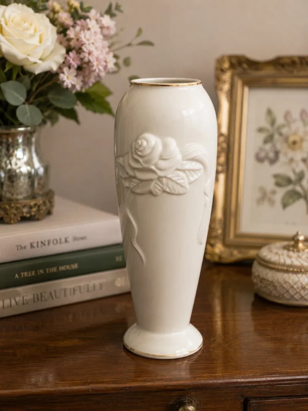 Vintage Lenox Ivory Rose Vase 24K Gold Trim Embossed Porcelain 7.5